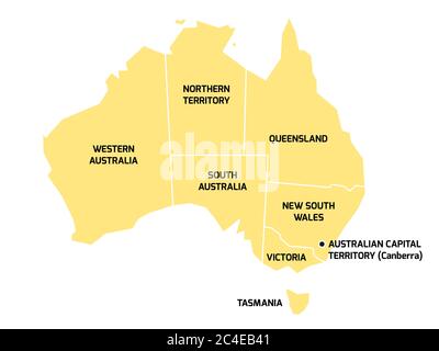 Mappa semplificata dell'Australia divisa in stati e territori. Mappa piatta grigia con bordi bianchi ed etichette nere. Illustrazione Vettoriale