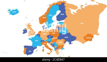 Mappa politica del continente europeo in quattro colori con etichette bianche e isolate su sfondo bianco. Illustrazione vettoriale. Illustrazione Vettoriale