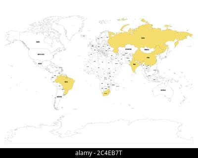 Mappa mondiale con i paesi membri evidenziati dei BRICS - associazione di cinque principali economie nazionali emergenti - Brasile, Russia, India, Cina e Sudafrica. Illustrazione Vettoriale