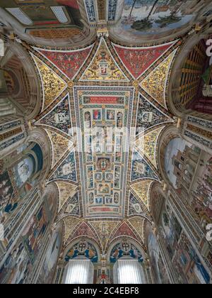 Il soffitto ornato della Biblioteca Piccolomini, Cattedrale di Siena. Italia. Foto Stock