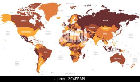 Mappa del mondo - marrone arancione tonalità colorato su sfondo scuro. Mappa politica dettagliata del mondo con l'etichettatura dei nomi di paesi, oceani e mari. Illustrazione Vettoriale