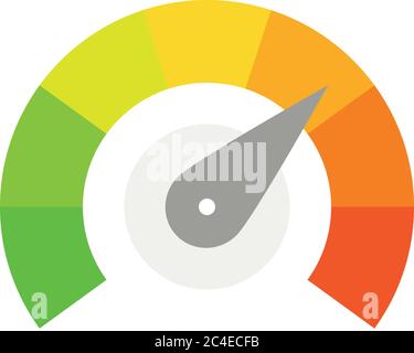 Scala di misurazione radiale da rosso a verde con puntatore a freccia. Indicatore di soddisfazione, temperatura, rischio, valore nominale, prestazioni e feedback o tachimetro di velocità. Illustrazione vettoriale. Illustrazione Vettoriale