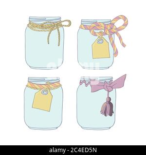 Set di vasetti per muratori disegnati a mano con archi e etichette. Vettore stock Illustrazione Vettoriale