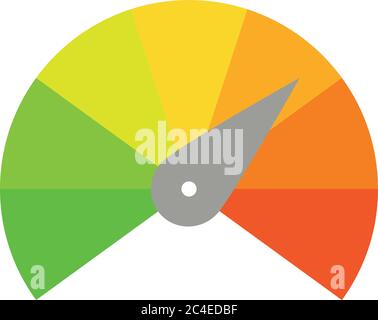 Scala di misurazione radiale da rosso a verde con puntatore a freccia. Indicatore di soddisfazione, temperatura, rischio, valore nominale, prestazioni e feedback o tachimetro di velocità. Illustrazione vettoriale. Illustrazione Vettoriale