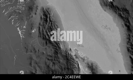 Semenawi Keyih Bahri, regione dell'Eritrea. Mappa in scala di grigi con laghi e fiumi. Forma delineata rispetto alla sua area di paese. Rendering 3D Foto Stock