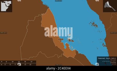 Semenawi Keyih Bahri, regione dell'Eritrea. Solidi modellati con laghi e fiumi. Forma presentata contro la sua area di paese con overlay informativi. 3 Foto Stock