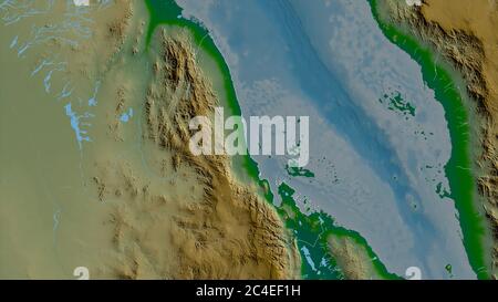 Semenawi Keyih Bahri, regione dell'Eritrea. Dati di shader colorati con laghi e fiumi. Forma delineata rispetto alla sua area di paese. Rendering 3D Foto Stock