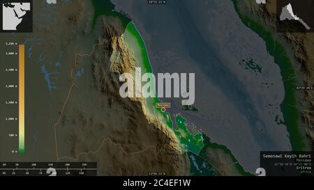 Semenawi Keyih Bahri, regione dell'Eritrea. Dati di shader colorati con laghi e fiumi. Forma presentata contro la sua area di paese con overlay informativi Foto Stock