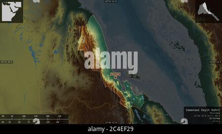 Semenawi Keyih Bahri, regione dell'Eritrea. Rilievo colorato con laghi e fiumi. Forma presentata contro la sua area di paese con overlay informativi. 3D Foto Stock