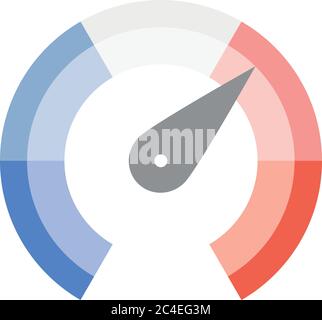 Scala di misurazione radiale da rosso a verde con puntatore a freccia. Indicatore di soddisfazione, temperatura, rischio, valore nominale, prestazioni e feedback o tachimetro di velocità. Illustrazione vettoriale. Illustrazione Vettoriale