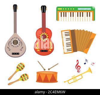 Strumenti musicali icona set piatto stile cartoon. Collezione con chitarra, bouzouk, batteria, tromba, sintetizzatore. Illustrazione vettoriale Illustrazione Vettoriale