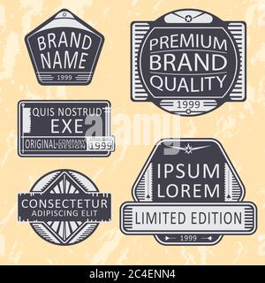 Set di insegne, timbri o logotipi d'epoca. Illustrazione vettoriale. Illustrazione Vettoriale