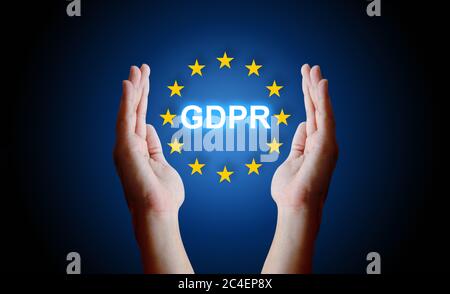 Cartello di protezione delle mani - normativa generale sulla protezione dei dati (GDPR). Foto Stock