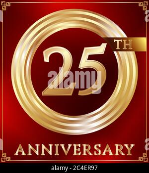 Numero di logo anello oro anniversario 25. Carta anniversario. Sfondo rosso. Illustrazione vettoriale. Illustrazione Vettoriale