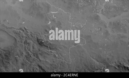 Sachsen-Anhalt, stato della Germania. Mappa in scala di grigi con laghi e fiumi. Forma delineata rispetto alla sua area di paese. Rendering 3D Foto Stock