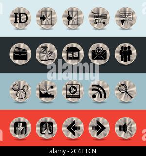 Set di icone di sito sui pulsanti metallici. Disegno vettoriale. Illustrazione Vettoriale