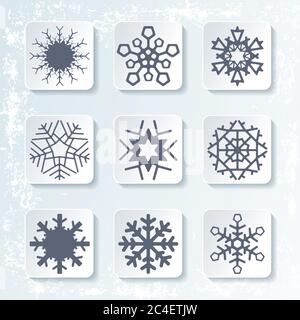 Set di 9 diverse icone invernali di fiocchi di neve. Design silhouette. Rime sfondo. Illustrazione vettoriale. Illustrazione Vettoriale