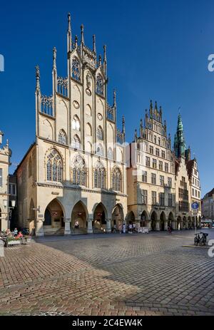 Mercato principale storico e municipio, Muenster, Nord Reno-Westfalia, Germania Foto Stock