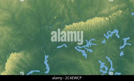 Nord-est, regione del Ghana. Rilievo colorato con laghi e fiumi. Forma delineata rispetto alla sua area di paese. Rendering 3D Foto Stock