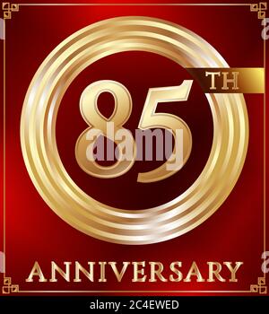 Numero di logo anello oro anniversario 85. Carta anniversario. Sfondo rosso. Illustrazione vettoriale. Illustrazione Vettoriale