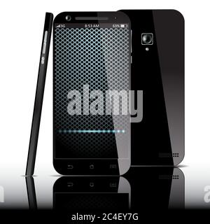 Vista realistica dello smartphone nero su fronte, lato e retro. Illustrazione vettoriale. Illustrazione Vettoriale