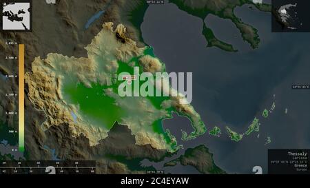 Tessaglia, amministrazione decentrata della Grecia. Dati di shader colorati con laghi e fiumi. Forma presentata contro la sua area di paese con informazioni Foto Stock