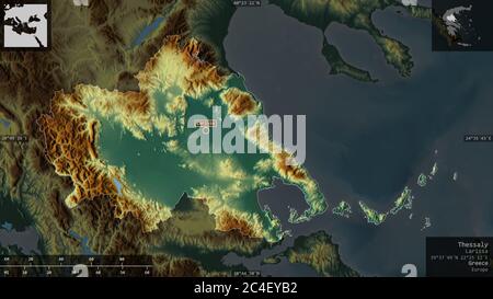 Tessaglia, amministrazione decentrata della Grecia. Rilievo colorato con laghi e fiumi. Forma presentata contro la sua area di paese con informazioni sopra Foto Stock