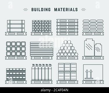 Set di carichi diversi sul design della linea di pallet. Illustrazione vettoriale. Illustrazione Vettoriale