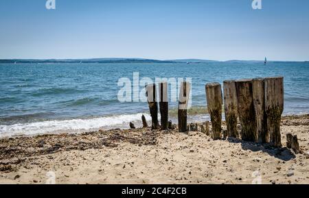 Groynes di legno sulla spiaggia a Lepe, Hampshire, Regno Unito Foto Stock