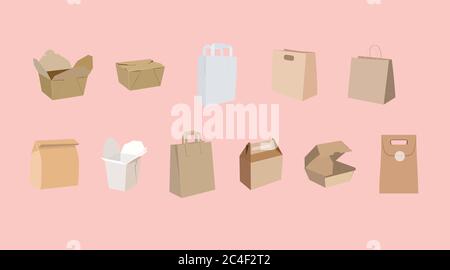 Set isolato vettoriale di diversi sacchetti di carta o scatole da togliere Illustrazione Vettoriale