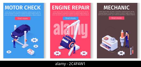 Kit per auto orientato al mobile. Lettering Media Page con i personaggi Isometrica Masters che lavorano con l'automobile e il motore sollevati da Twin Post ascensori, utilizzando UN Foto Stock