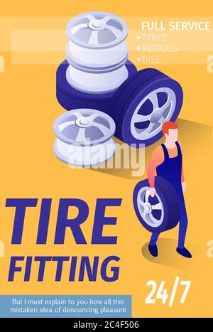 Pubblicità Poster di testo per il montaggio pneumatici Automobile Shop Garage. Dischi isometrici, pneumatici e ruote, icona e tecnico nella tenuta uniforme parte di ricambio R Foto Stock