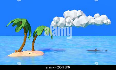 Il computer a basso contenuto di poly ha generato un'illustrazione resa di una laguna dell'isola tropicale con il messaggio degli alberi di palma in una bottiglia e uno squalo Foto Stock