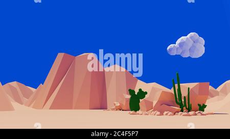 Il computer a basso contenuto di poly ha generato un'illustrazione resa di una scena del deserto del cartoon Sunny con le rocce e Cactus Foto Stock