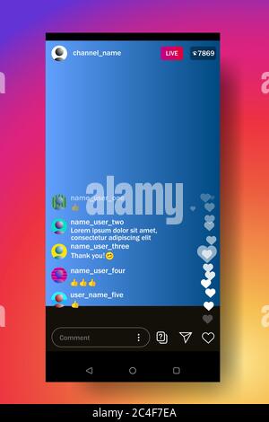 Un social network in tempo reale. Comunicazione video con commenti e mi piace. Il blogger comunica con il pubblico. Instagram. Illustrazione Vettoriale