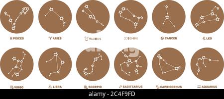 Set di segni zodiacali, stelle, costellazioni di colore oro su sfondo bianco. Logo rotondo, tatuaggio o illustrazione. Previsione astrologica, oroscopo per Illustrazione Vettoriale