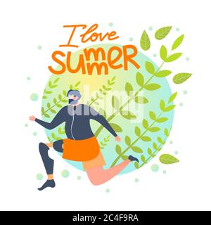 Riposo per disabili, i Love Summer Cartoon. Uomo bearded con protesi invece delle gambe, rafforza la salute in estate. Addebito per disabili Foto Stock