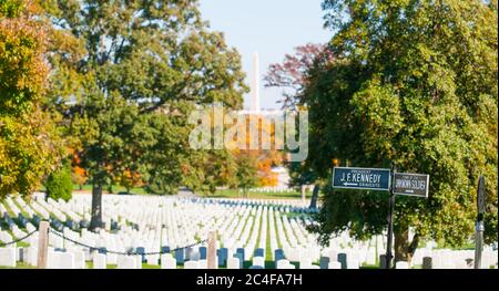 Arlington USA- Ottobre 26 2014; il Cimitero Nazionale di Arlington firma per la gravesite di J F Kennedy e Tomba di Soldato sconosciuto presso il cimitero storico di nati Foto Stock