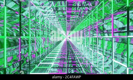 Rendering 3D sfondo futuristico astratto con neon verde e viola luci Foto Stock