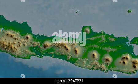 Jawa Tengah, città dell'Indonesia. Dati di shader colorati con laghi e fiumi. Forma delineata rispetto alla sua area di paese. Rendering 3D Foto Stock