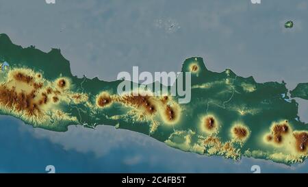 Jawa Tengah, città dell'Indonesia. Rilievo colorato con laghi e fiumi. Forma delineata rispetto alla sua area di paese. Rendering 3D Foto Stock