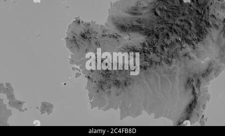 Kalimantan Barat, provincia dell'Indonesia. Mappa in scala di grigi con laghi e fiumi. Forma delineata rispetto alla sua area di paese. Rendering 3D Foto Stock