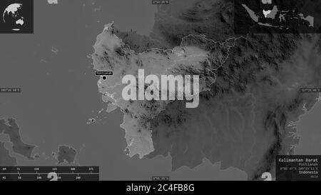 Kalimantan Barat, provincia dell'Indonesia. Mappa in scala di grigi con laghi e fiumi. Forma presentata contro la sua area di paese con overlay informativi. 3D Foto Stock