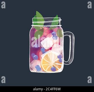 Cocktail di mirtillo in vasetto di muratore con ghiaccio e menta Illustrazione Vettoriale