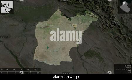 Ninawa, provincia dell'Iraq. Immagini satellitari. Forma presentata contro la sua area di paese con overlay informativi. Rendering 3D Foto Stock