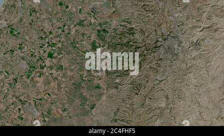 Gerusalemme, distretto di Israele. Immagini satellitari. Forma delineata rispetto alla sua area di paese. Rendering 3D Foto Stock