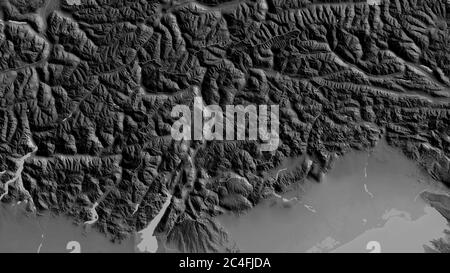 Trentino-Alto Adige, regione autonoma d'Italia. Mappa in scala di grigi con laghi e fiumi. Forma delineata rispetto alla sua area di paese. Rendering 3D Foto Stock