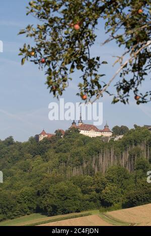 Paesaggio rurale con castello e villaggio di Langenburg, Germania sullo sfondo Foto Stock