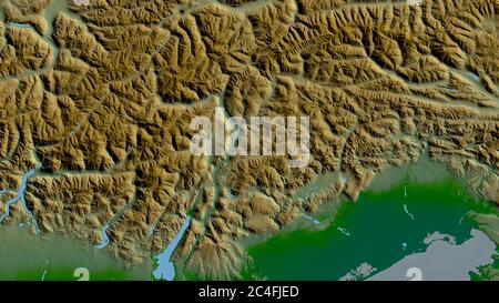 Trentino-Alto Adige, regione autonoma d'Italia. Dati di shader colorati con laghi e fiumi. Forma delineata rispetto alla sua area di paese. Rendering 3D Foto Stock