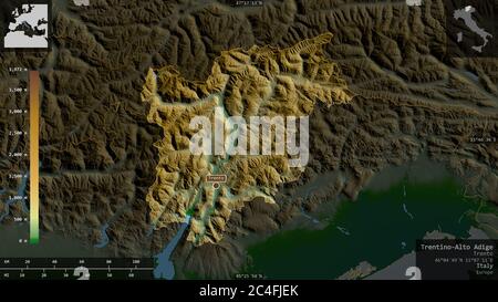 Trentino-Alto Adige, regione autonoma d'Italia. Dati di shader colorati con laghi e fiumi. Forma presentata contro la sua area di paese con informazioni Foto Stock